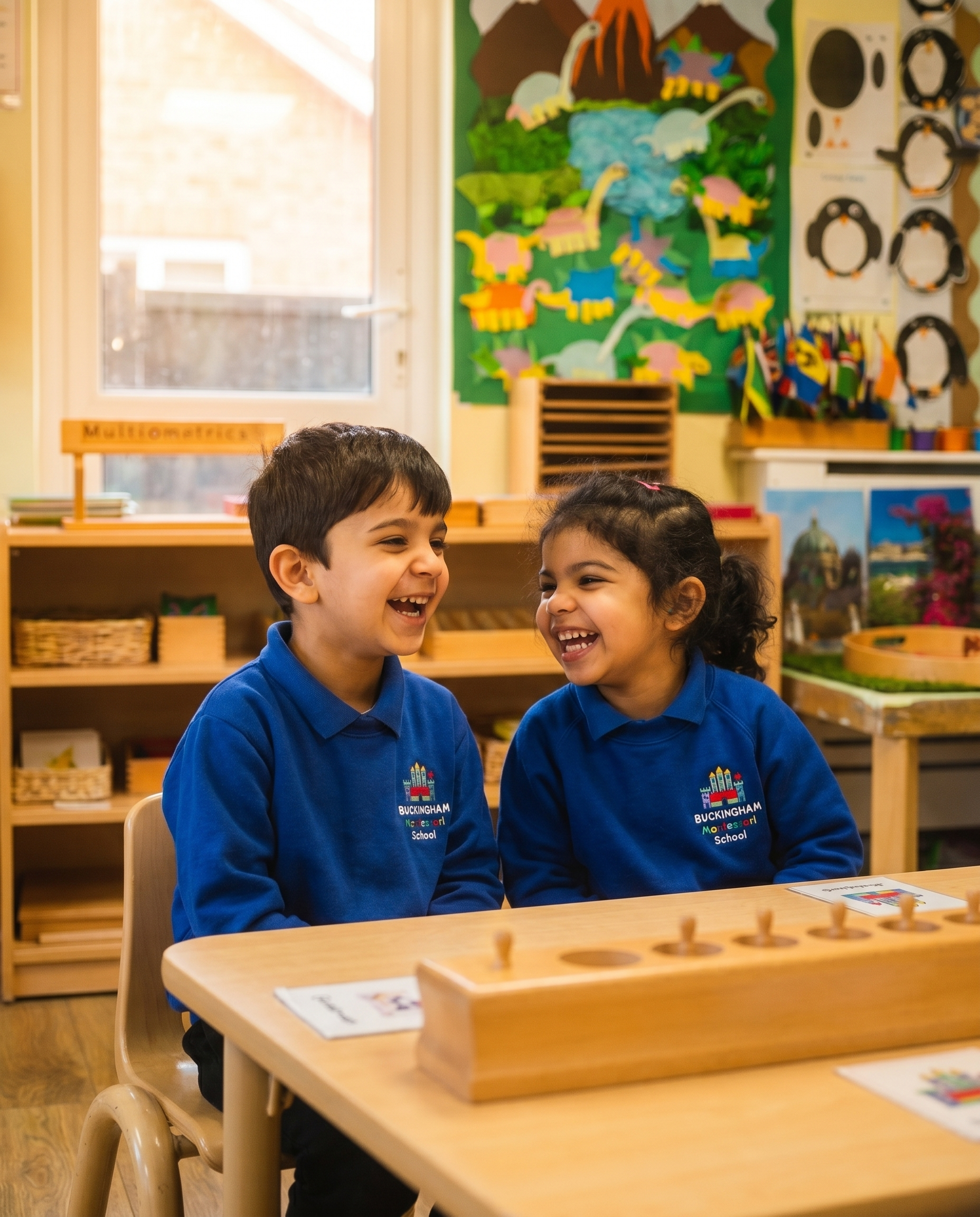 A young boy and girl in nursery uniform laughing together at a table