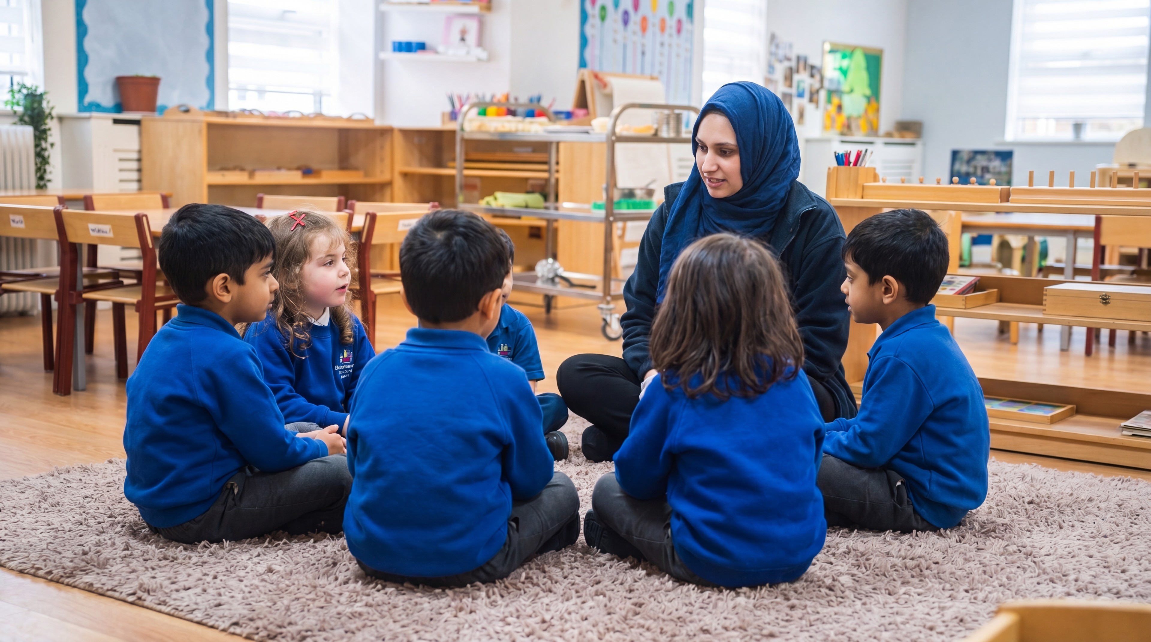 A teacher in a headscarf sitting on the floor for circle time with a group of children