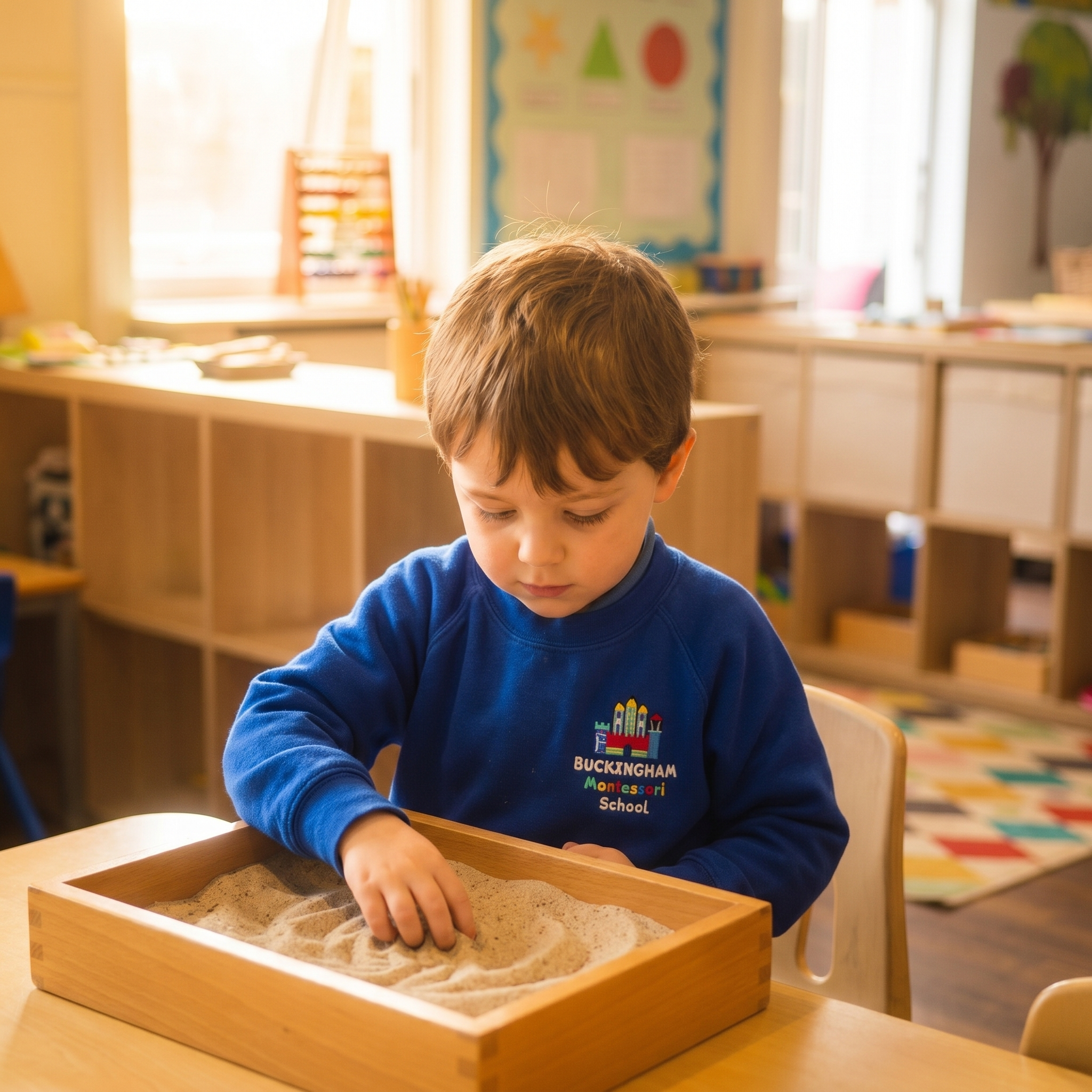 A young boy concentrating as he traces patterns in a Montessori sand tray