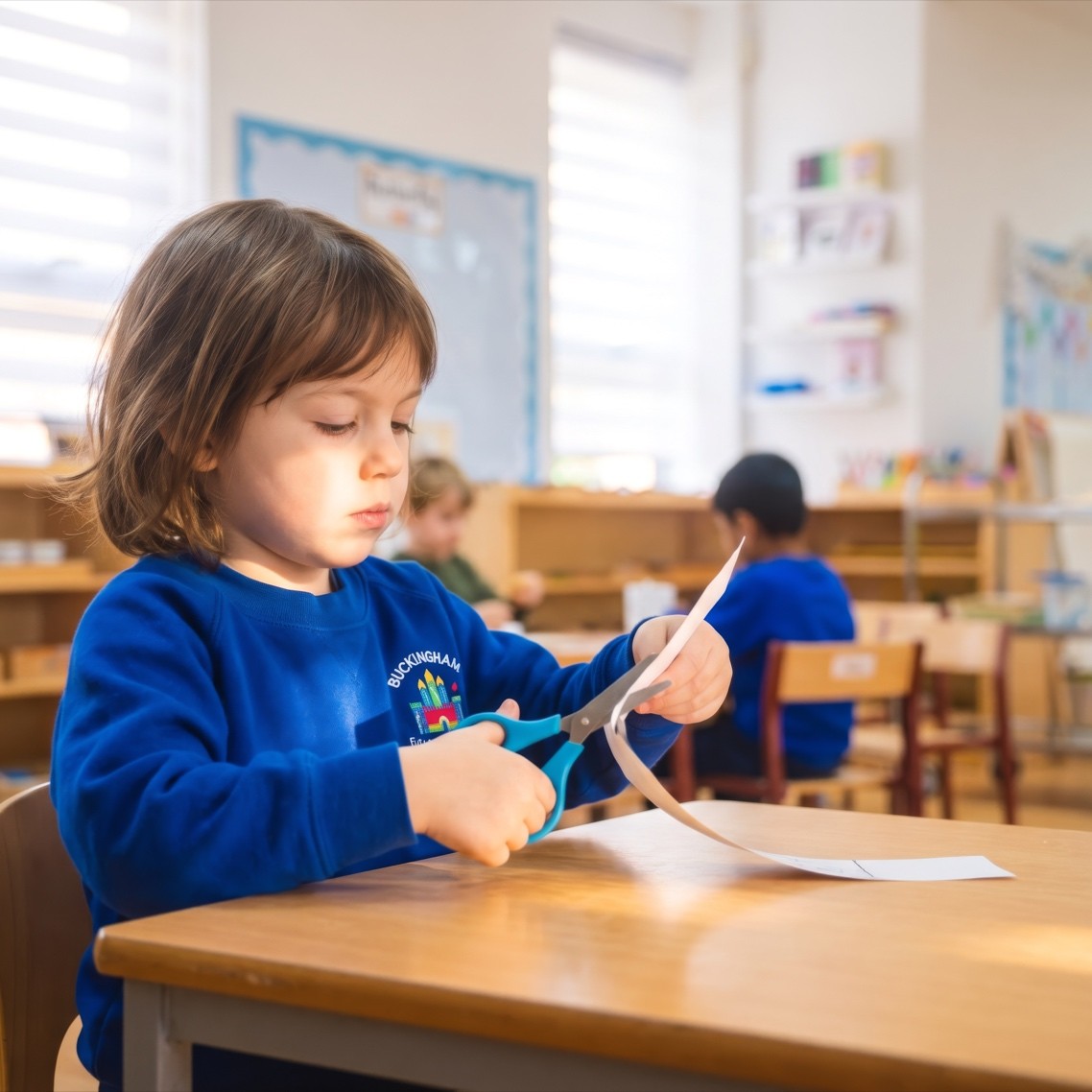 Boy cutting paper with scissors