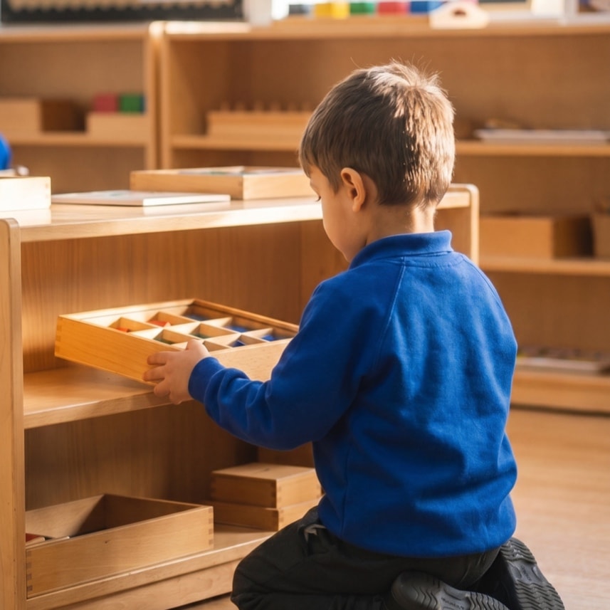 Child reaching for materials on a Montessori shelf