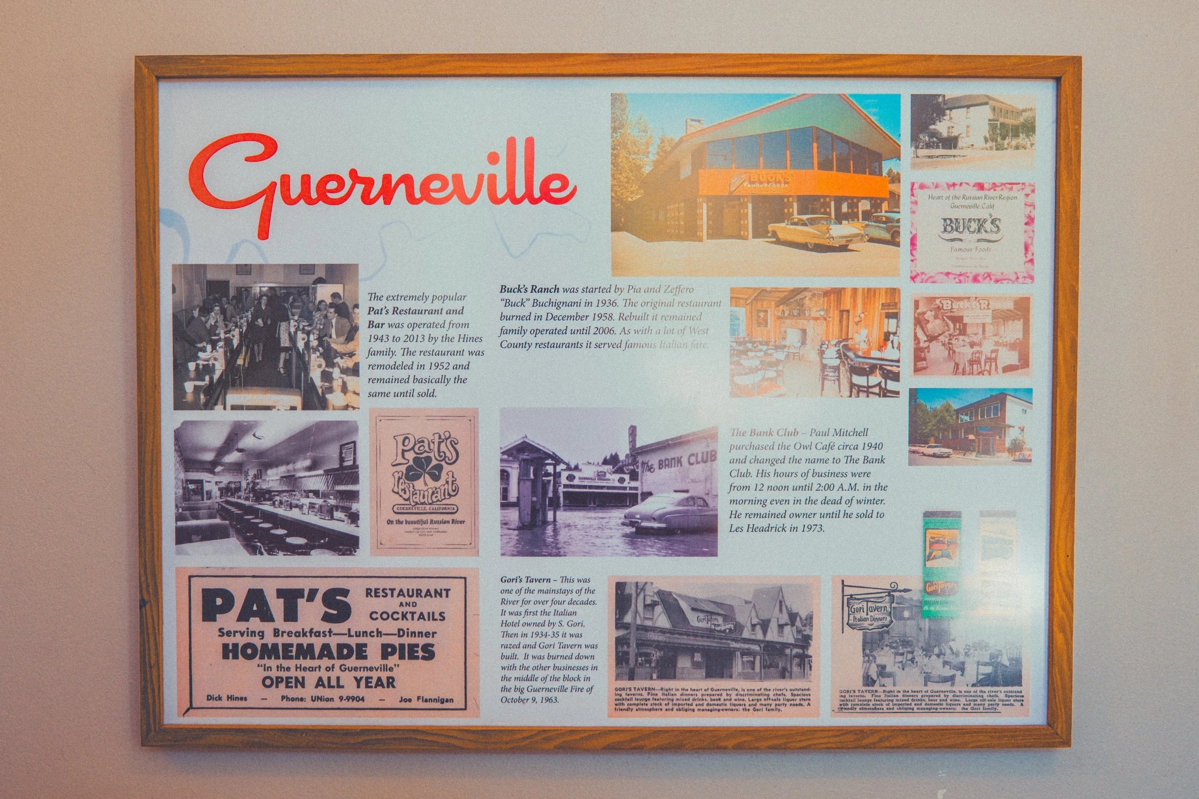 Collage of historical photographs and information about businesses in Guerneville, including Pat's Restaurant and Buck's, displayed in a wooden frame.