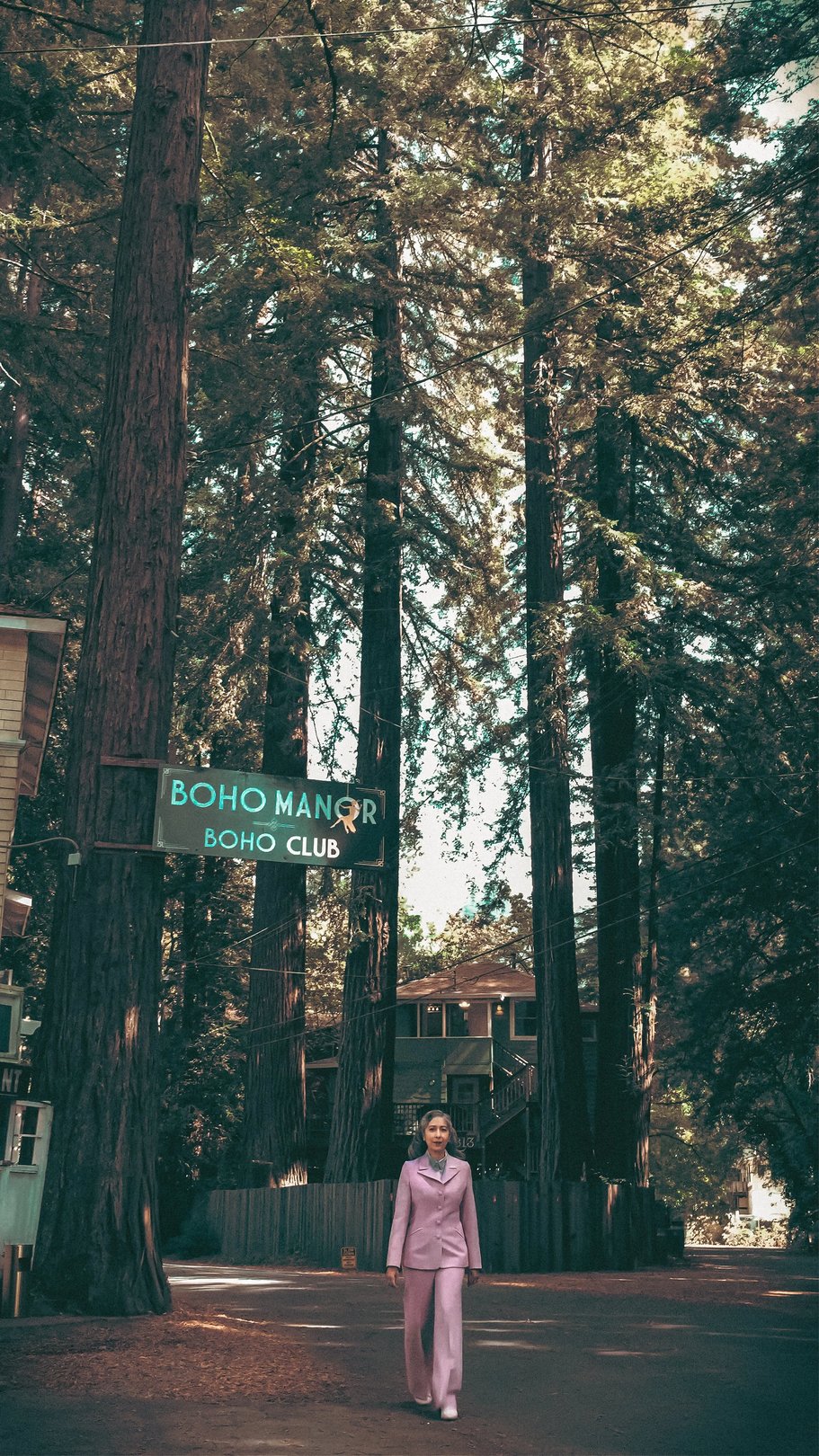 A street sign for "No Name" is partially visible among tall, sunlit trees.