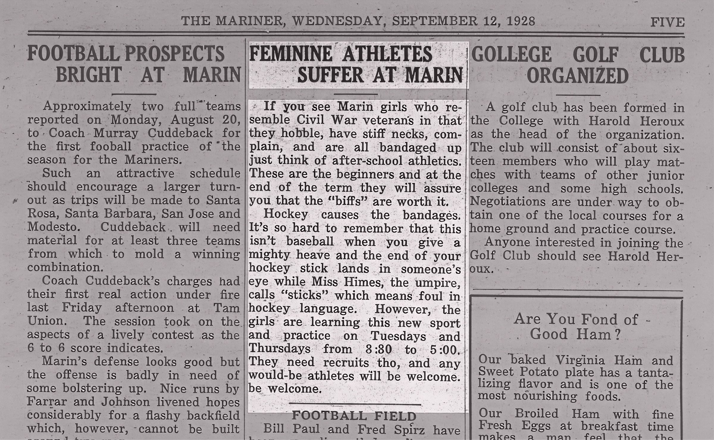Sheet Music Stories gallery image: Headline from a newspaper article titled "Feminine Athletes Suffer at Marin," discussing challenges faced by female athletes in 1928, alongside articles about football prospects an