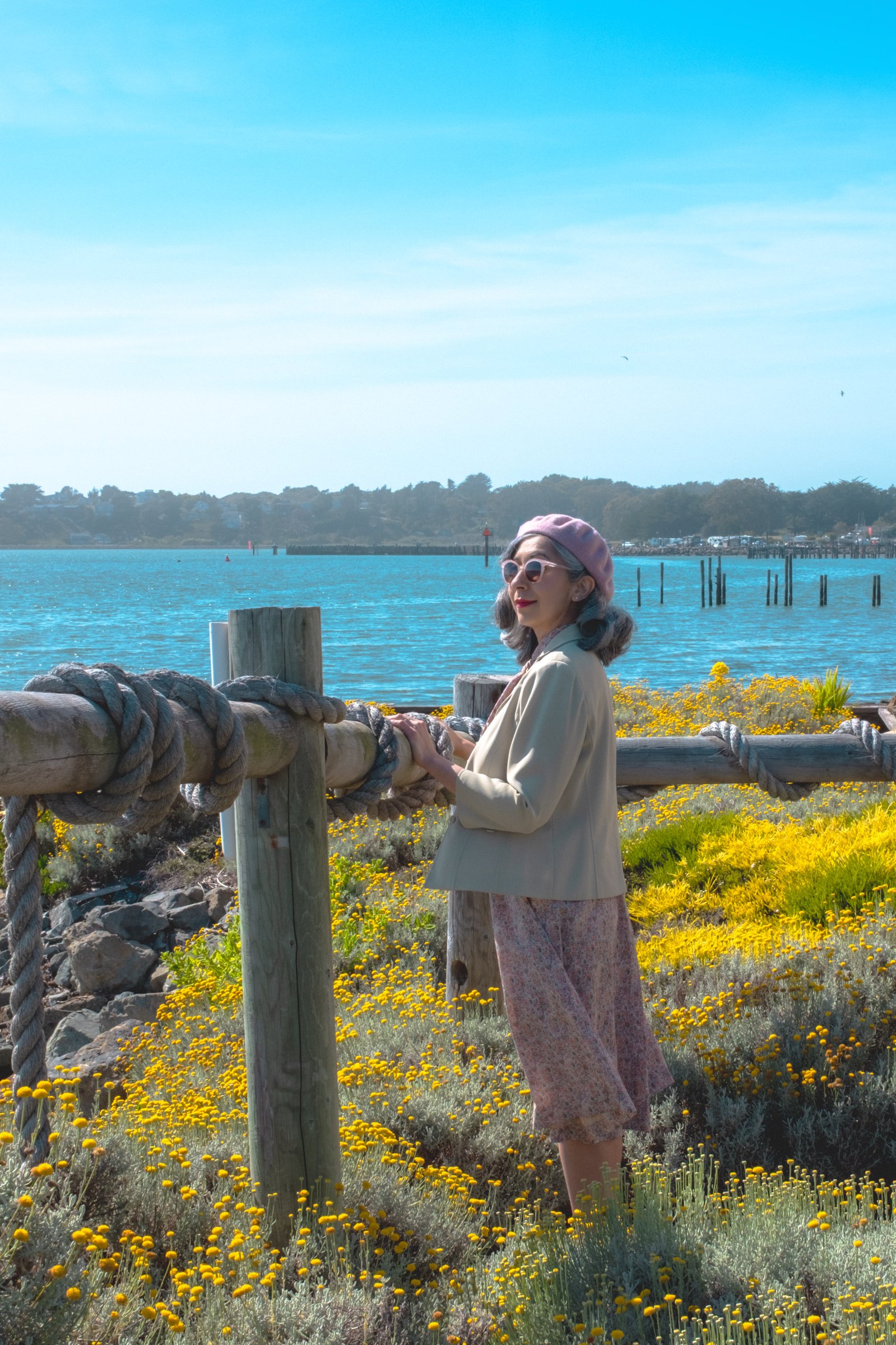 The Road to Bodega Bay gallery image: A woman in a light jacket and pink beret stands by a wooden railing overlooking a blue bay with yellow flowers in the foreground.