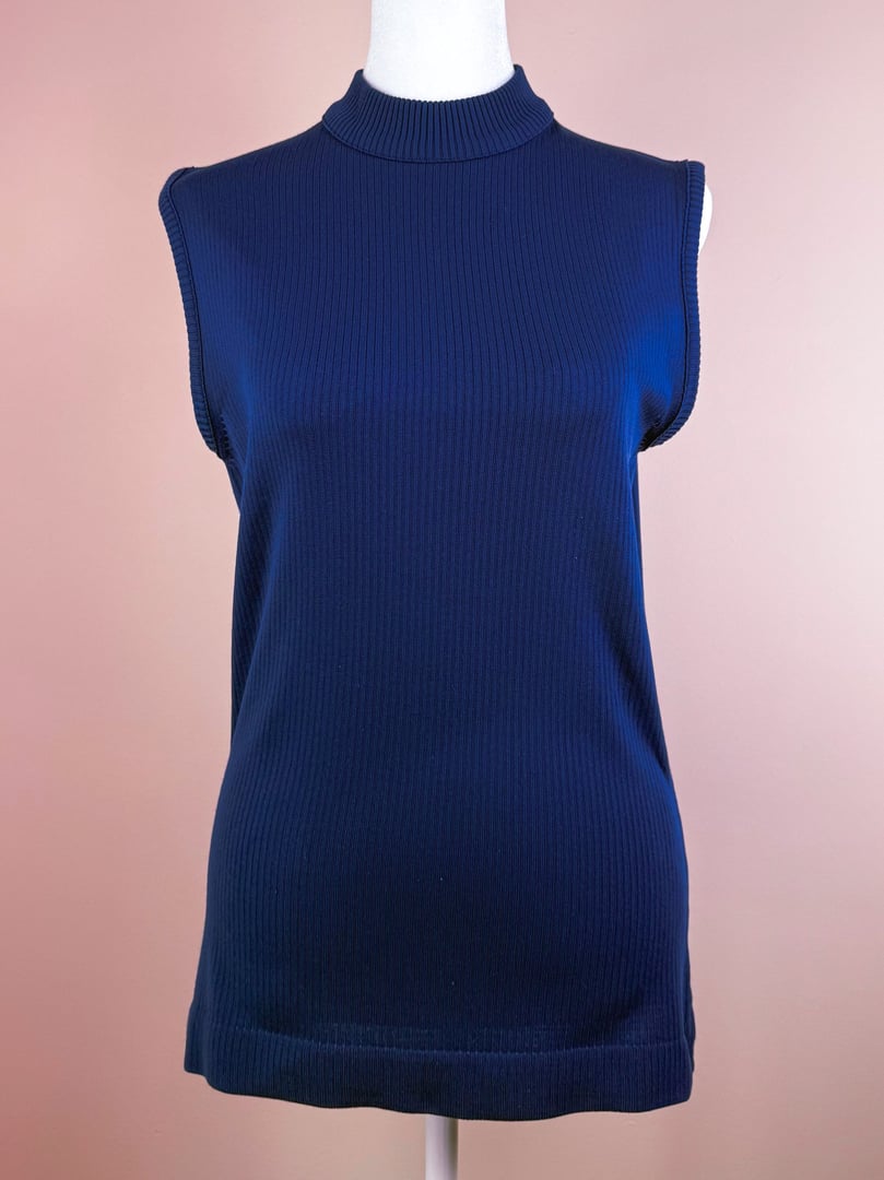 Navy blue retro ribbed mock neck top for women, featuring sleeveless design from the 1970s.