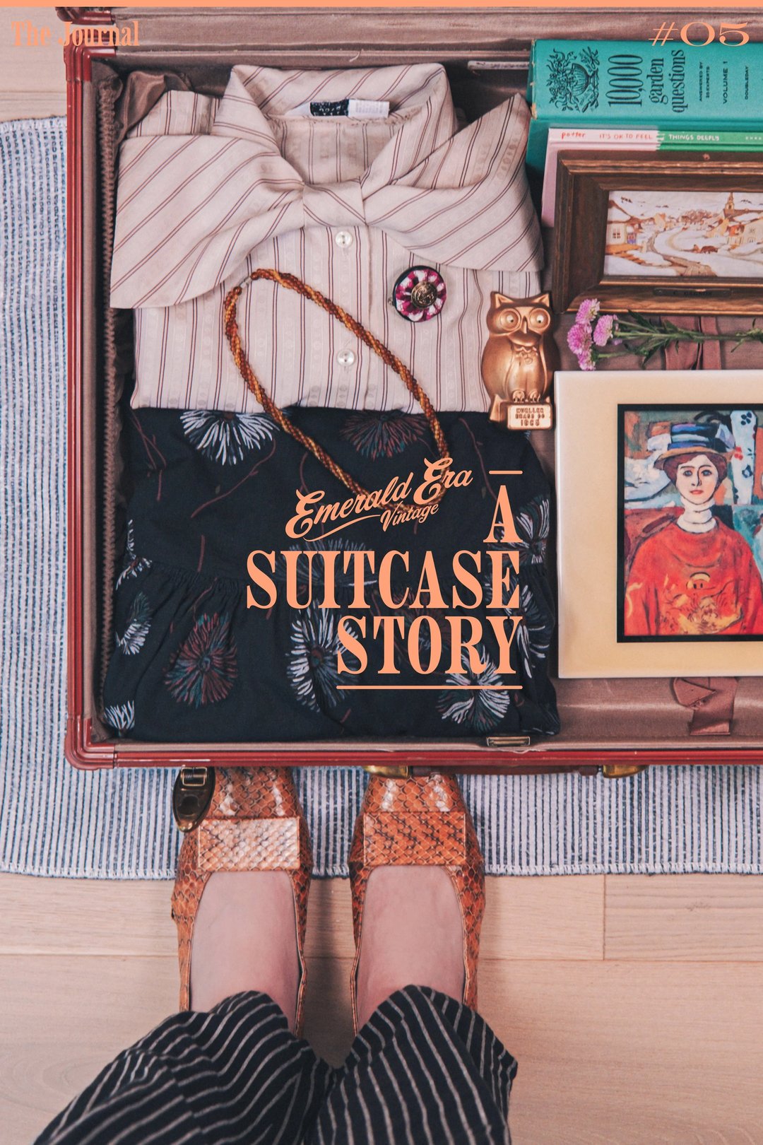 A suitcase packed with travel essentials, including a tote bag with the text "A Suitcase Story," a framed photo, and stylish shoes.