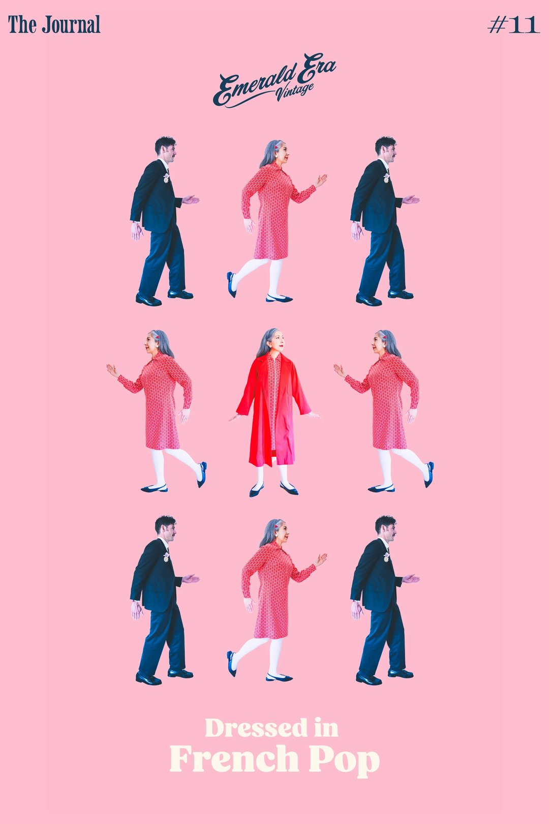 A collage featuring a man in formal attire and a woman in various outfits against a pink background, showcasing a theme of French pop style.