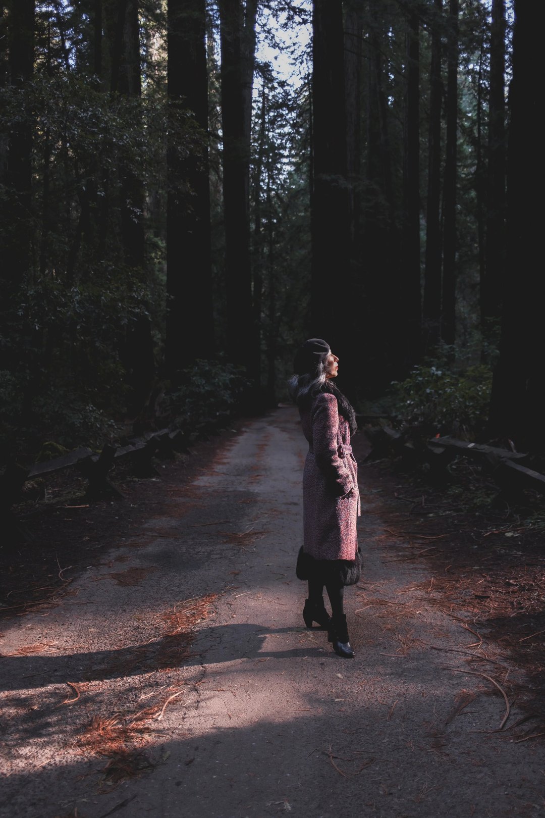 A woman wearing a long coat stands on a forest path surrounded by tall trees.