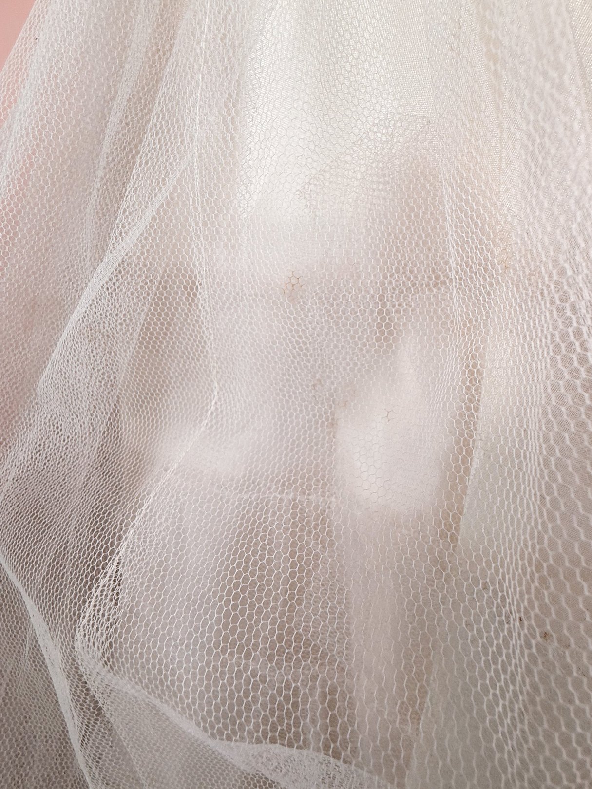 A silver 1950s women's dress with a detailed sparkle texture, partially obscured by netting.