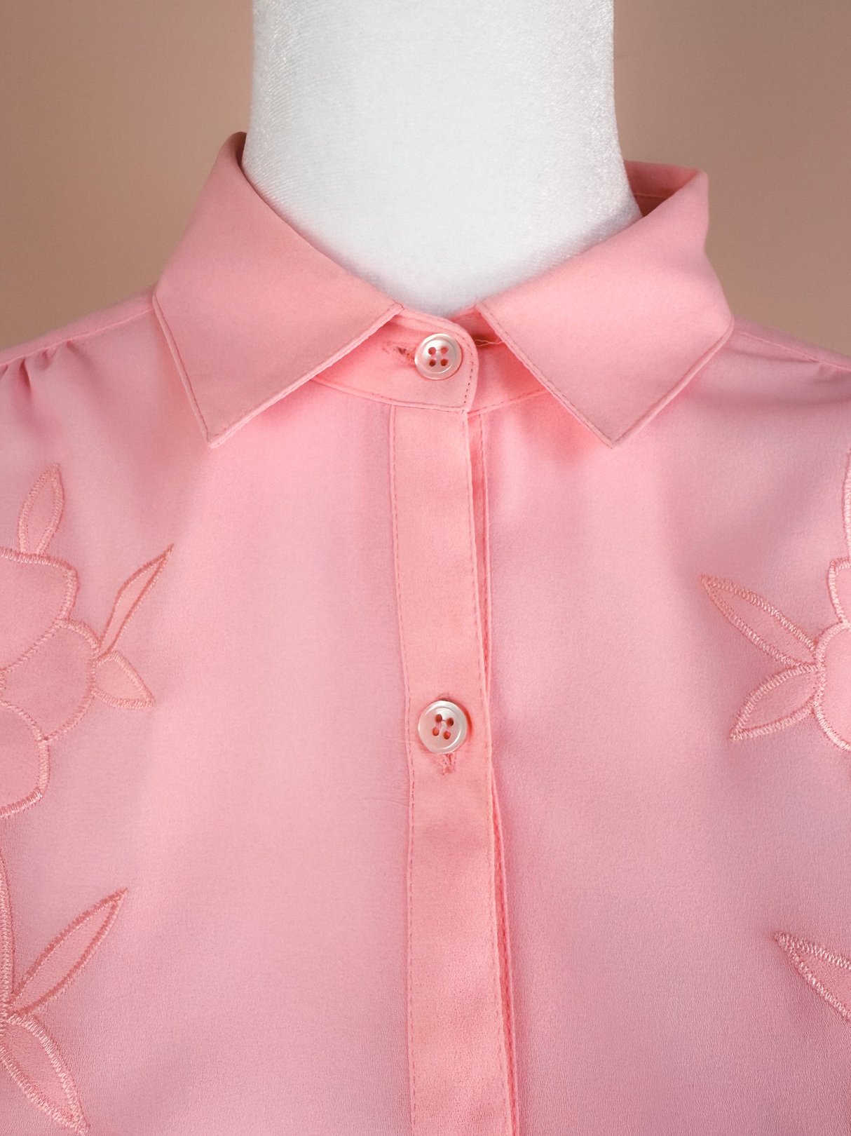 Bubble Gum Pink 1980s Flora Belle Dress featuring a collared neckline and floral embroidery.