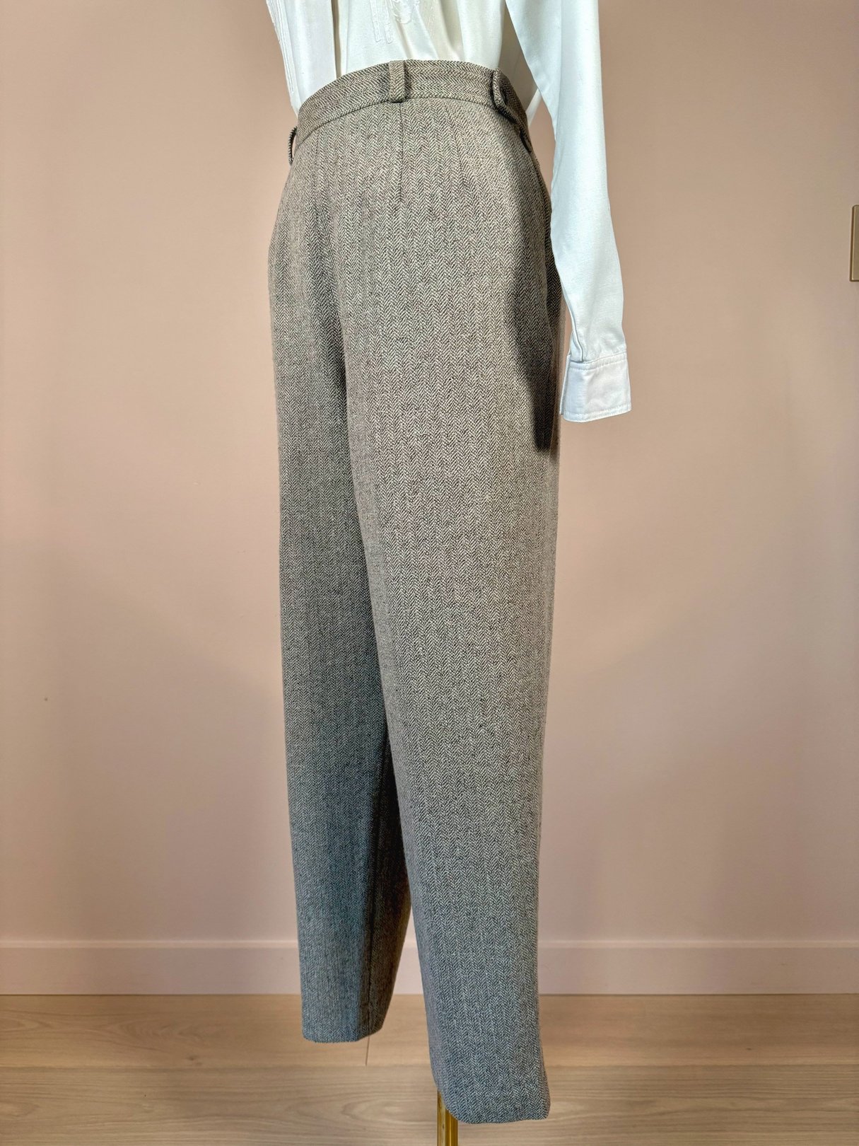 Tan birch tweed pants for women, featuring a straight-leg design, displayed from the side against a neutral background.