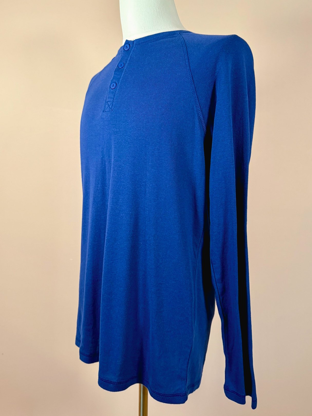 Royal blue men's Lanz Baseball Henley shirt from the 1990s with long sleeves and a button-up neckline.