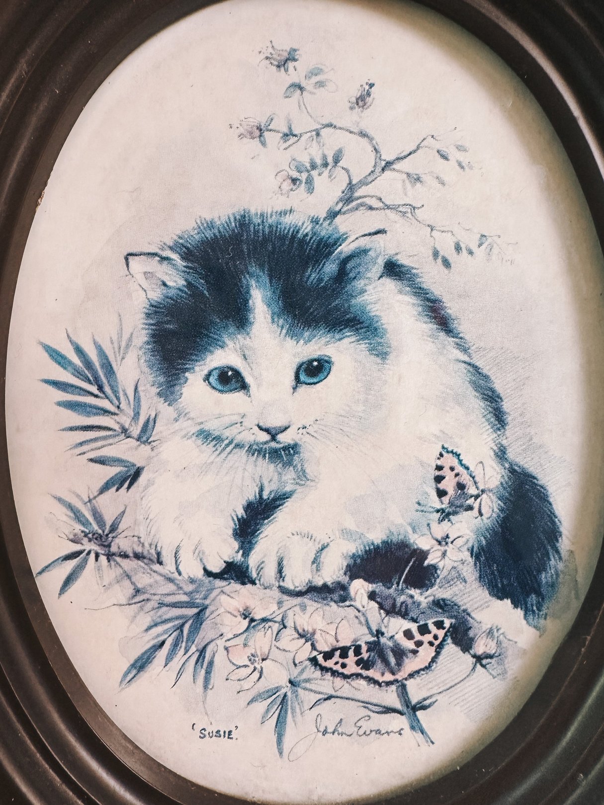 A 1970s blue-toned portrait of a cat named "Susie" surrounded by flowers and butterflies, framed in an oval shape.