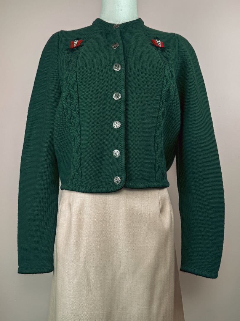 Green 1980s M & G Tulip Embroidered Cardigan featuring button closure and floral embroidery on the chest.