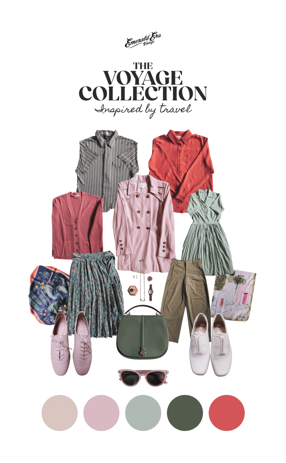 A flat lay of various clothing items including blouses, skirts, trousers, a handbag, and shoes, arranged to showcase a travel-inspired collection.