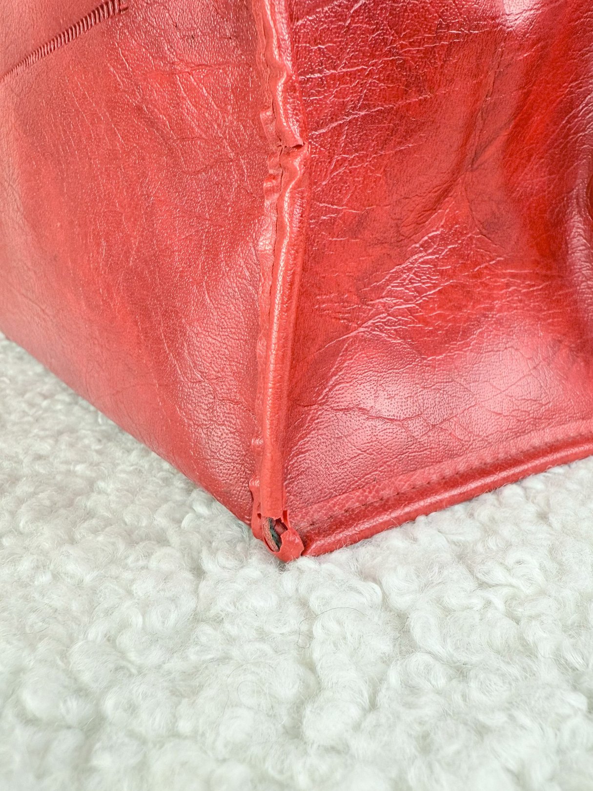 Redline Retro Satchel Tote in red vinyl featuring a textured surface and 1970s design.