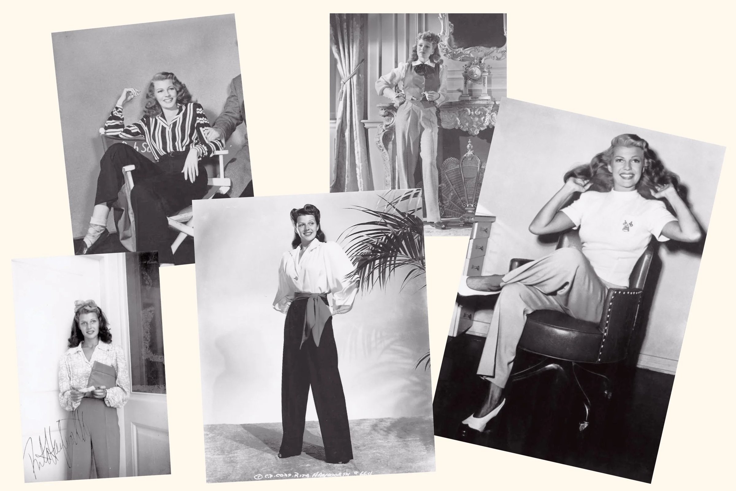 A collage of vintage black-and-white and sepia-tone photographs showcasing women in classic fashion styles from the mid-20th century.