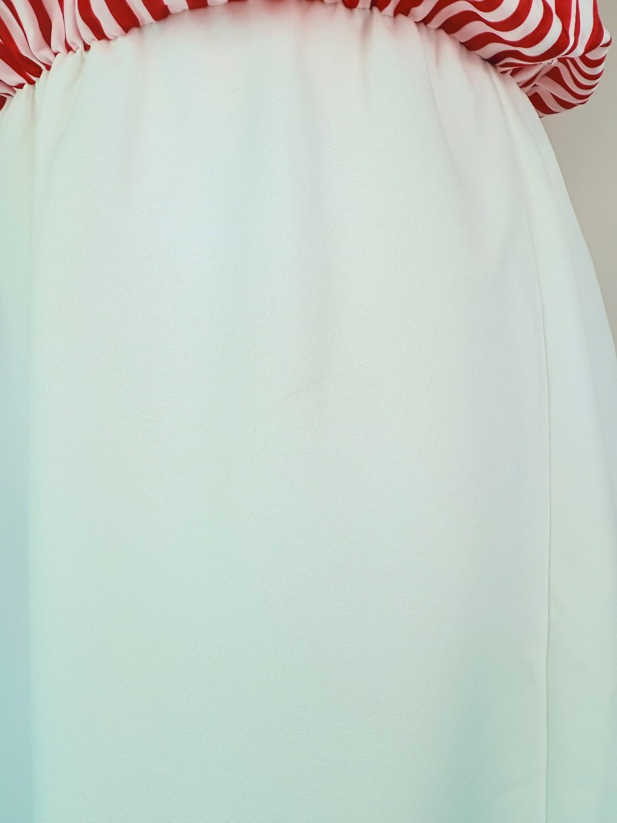 Candy Stripe Dress featuring a red and white striped top and a solid white skirt, designed for women in a 1970s style.