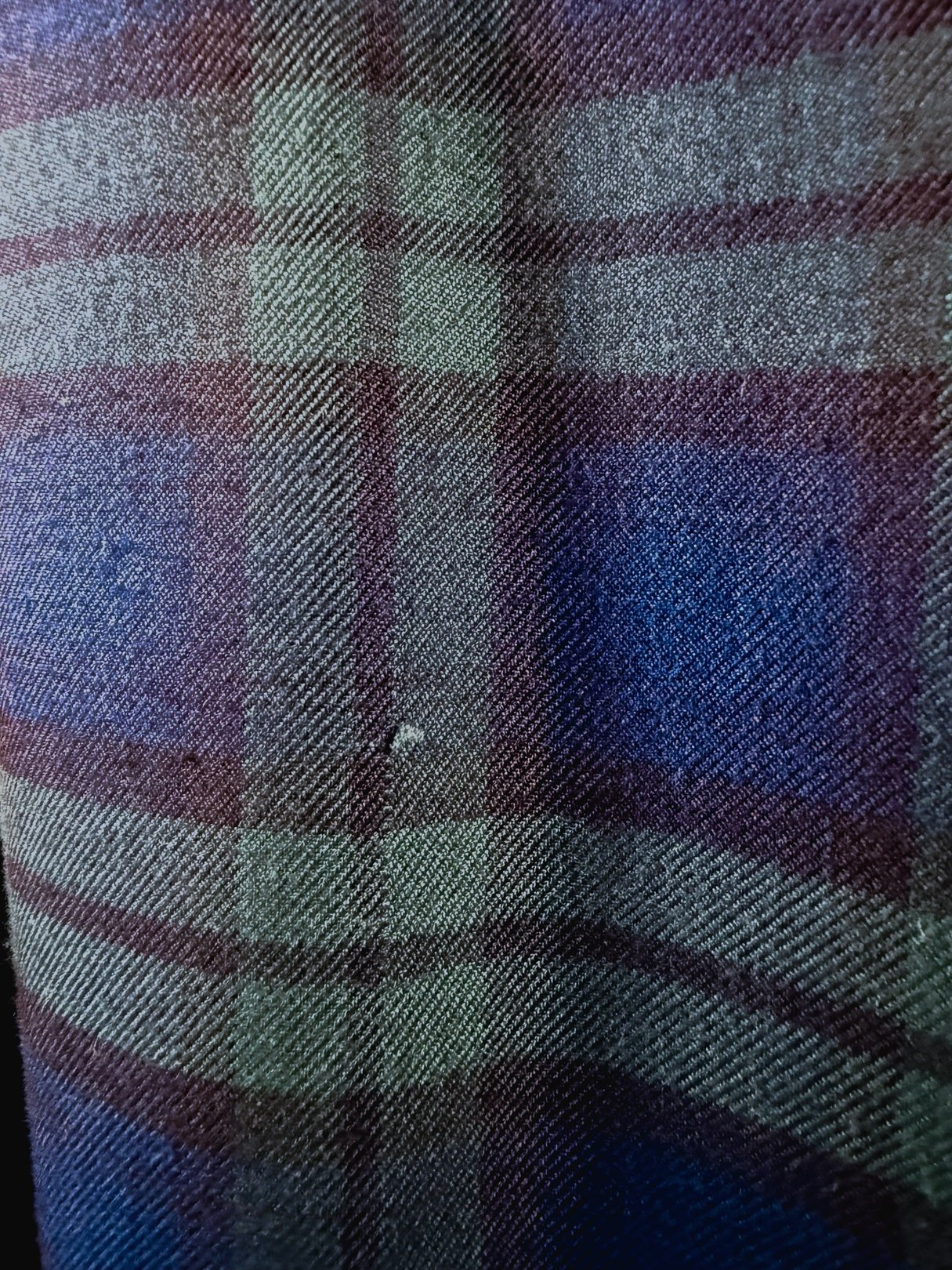 Navy blue forest plaid fabric with visible texture and pattern, reminiscent of 1950s men’s fashion.