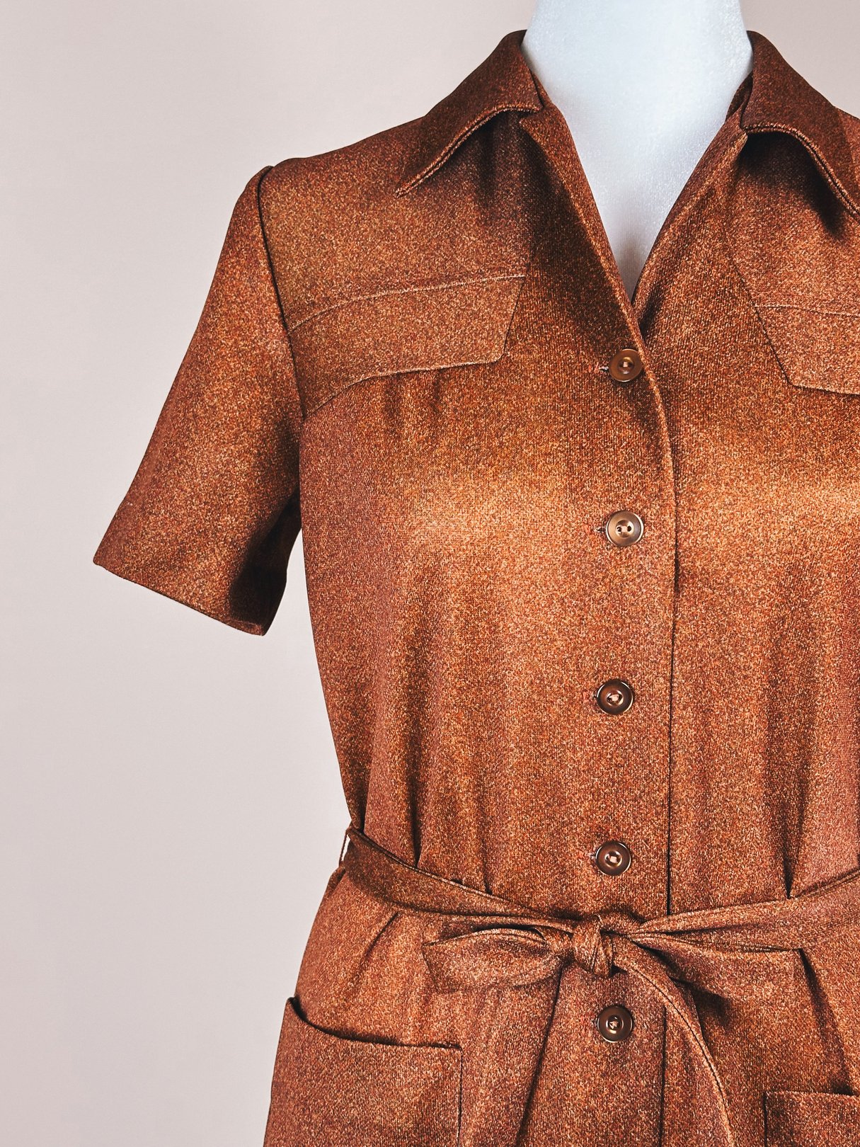 Brown 1970s women's day dress featuring short sleeves, a collared neckline, front button closures, and a tied waist with pockets.