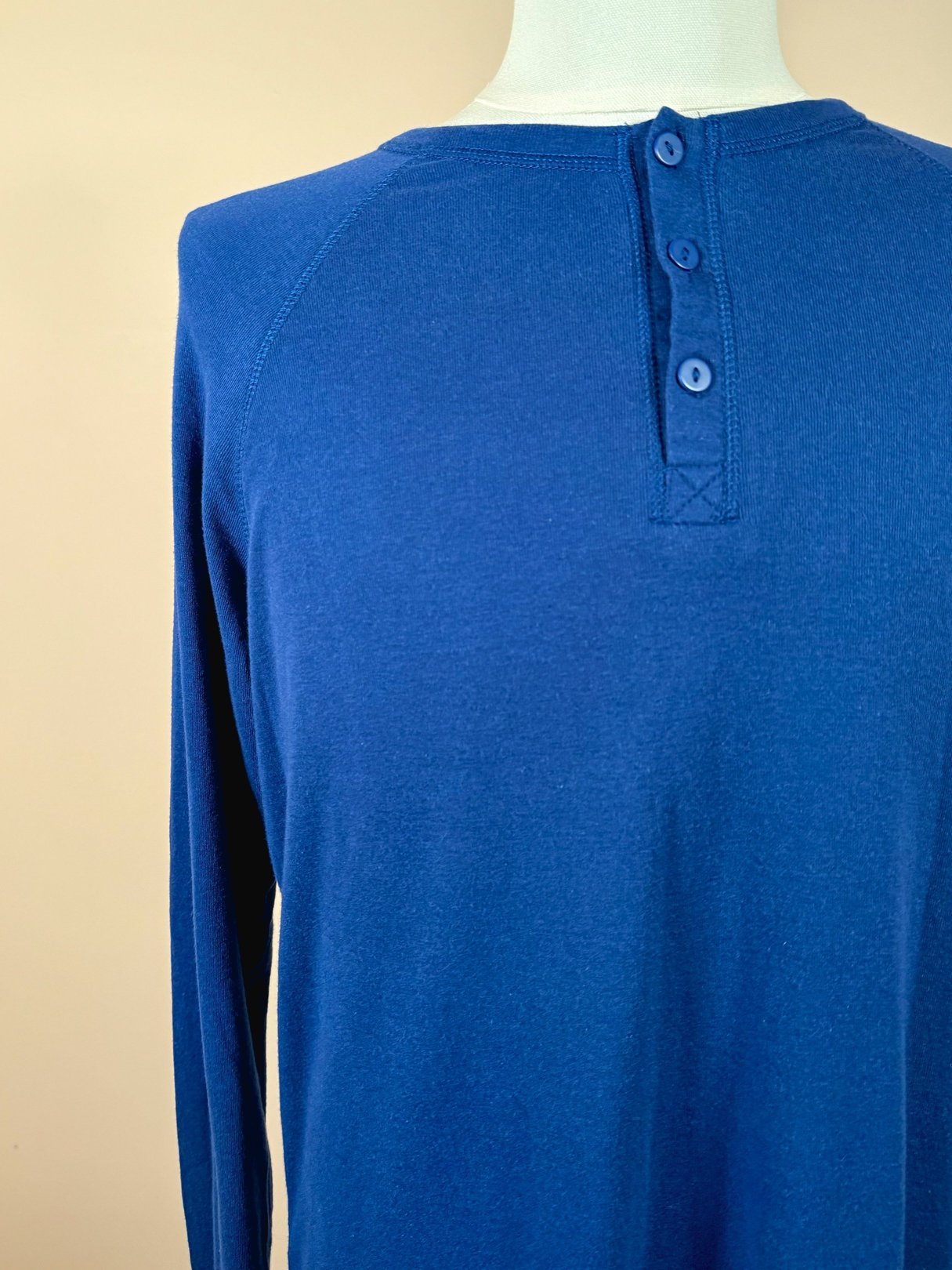 Royal blue Lanz Baseball Henley for men from the 1990s featuring a three-button placket and long sleeves.