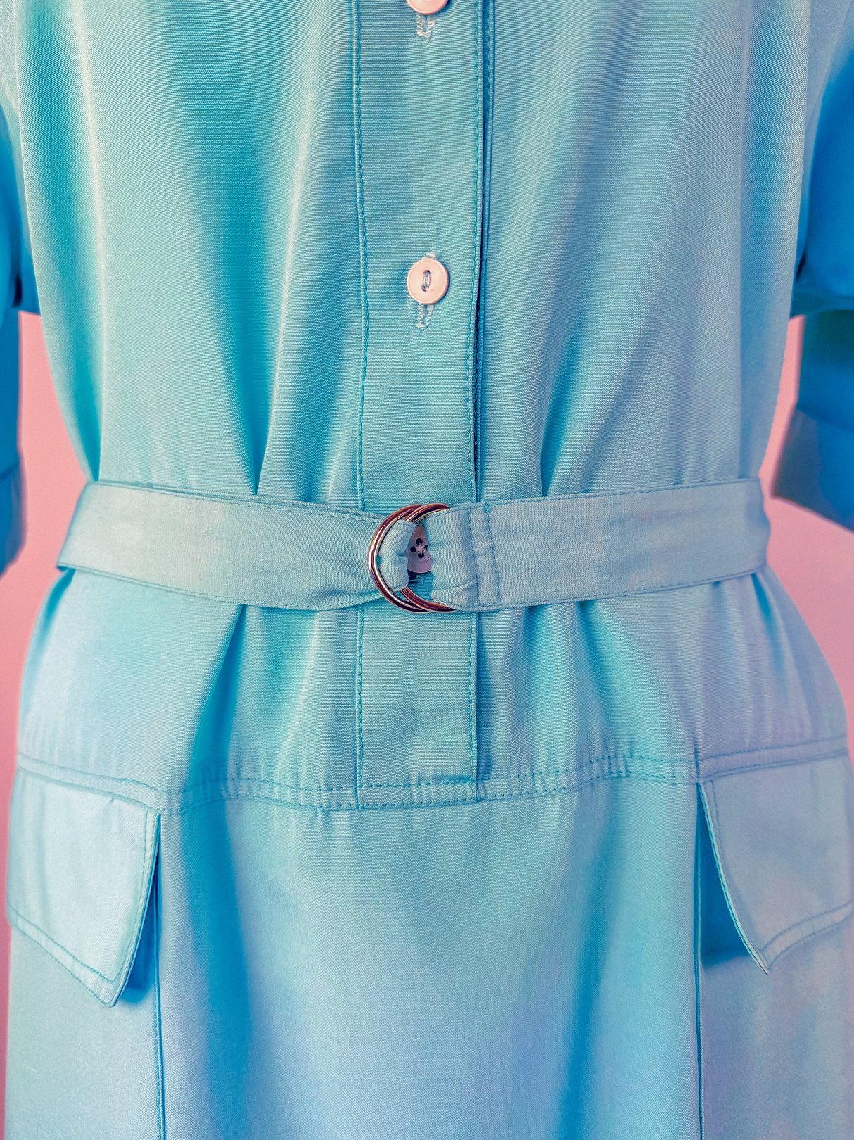 Skyline Shift Dress in sky blue featuring a button front, short sleeves, and a belted waist.