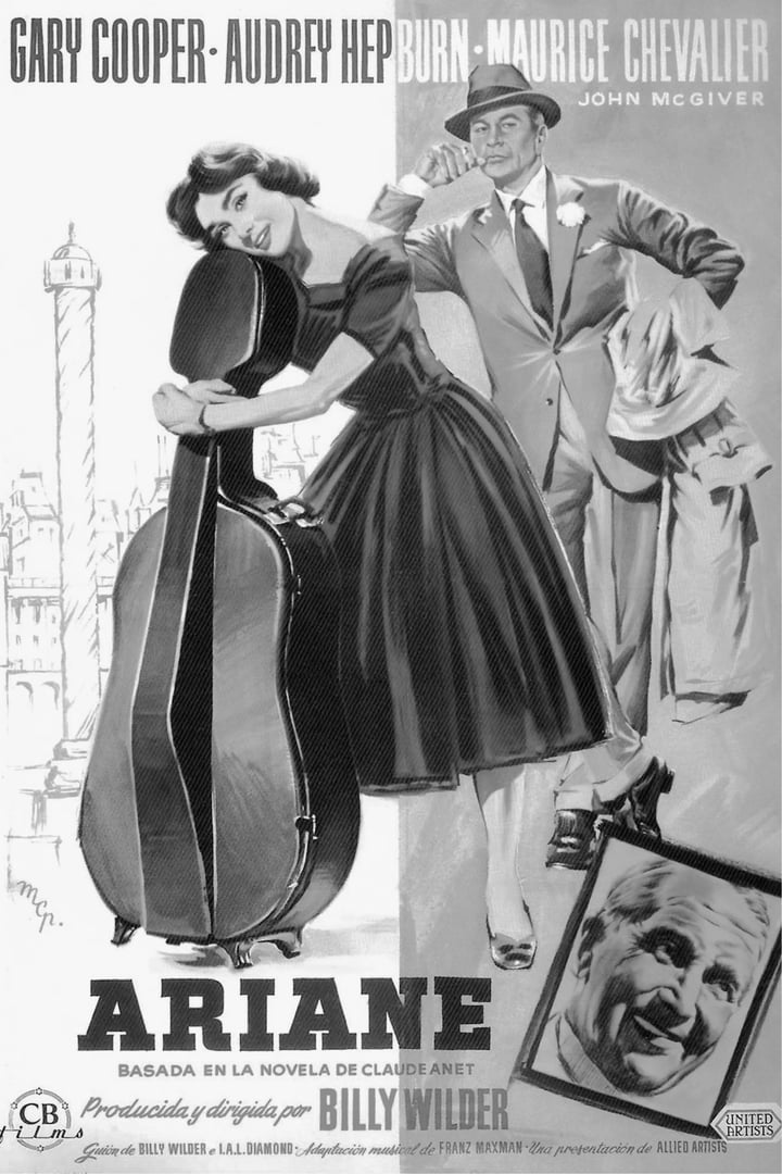 A vintage movie poster featuring a woman with a cello and a man in a suit, promoting the film "Ariane.