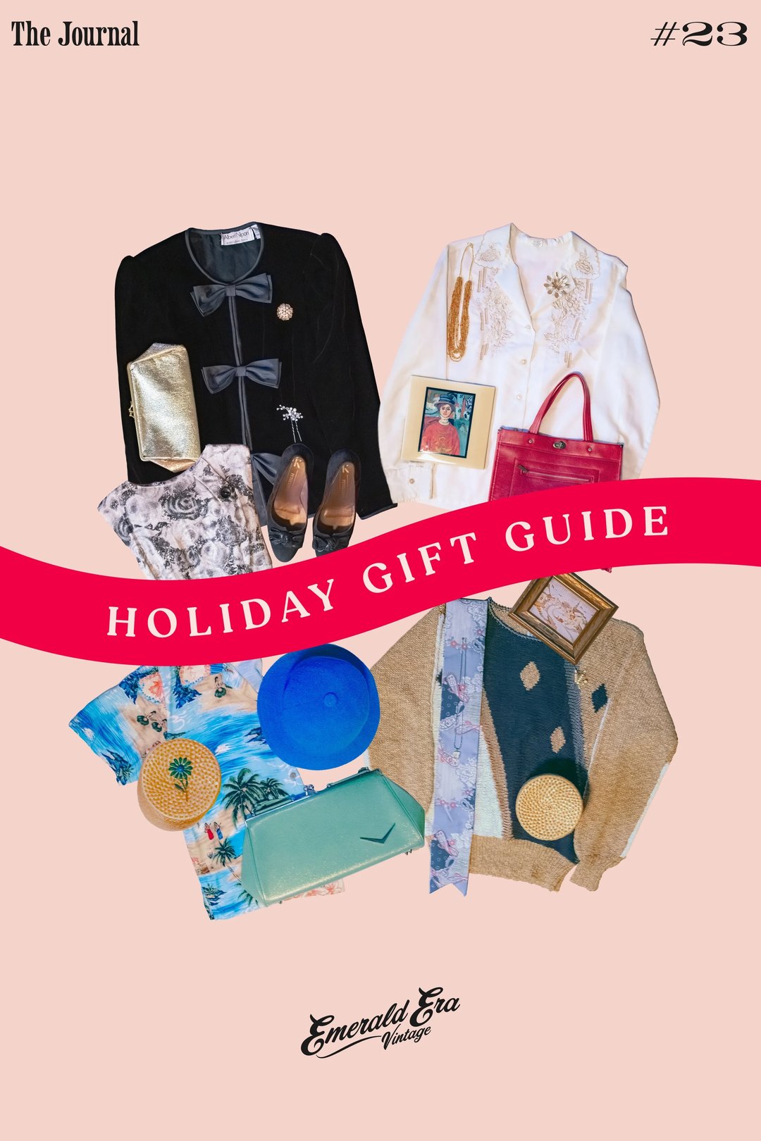 A colorful assortment of vintage clothing and accessories arranged with a bold red ribbon that reads "HOLIDAY GIFT GUIDE.