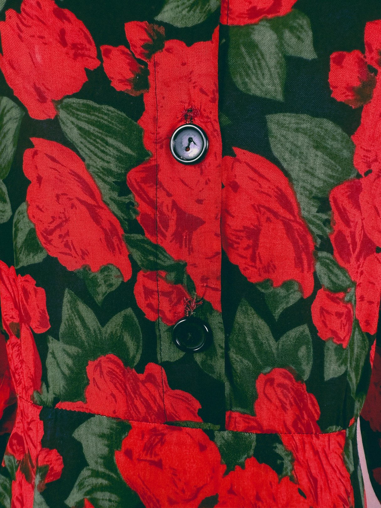 Red geranium floral print dress with a button-down front, designed for women, from the 1990s.