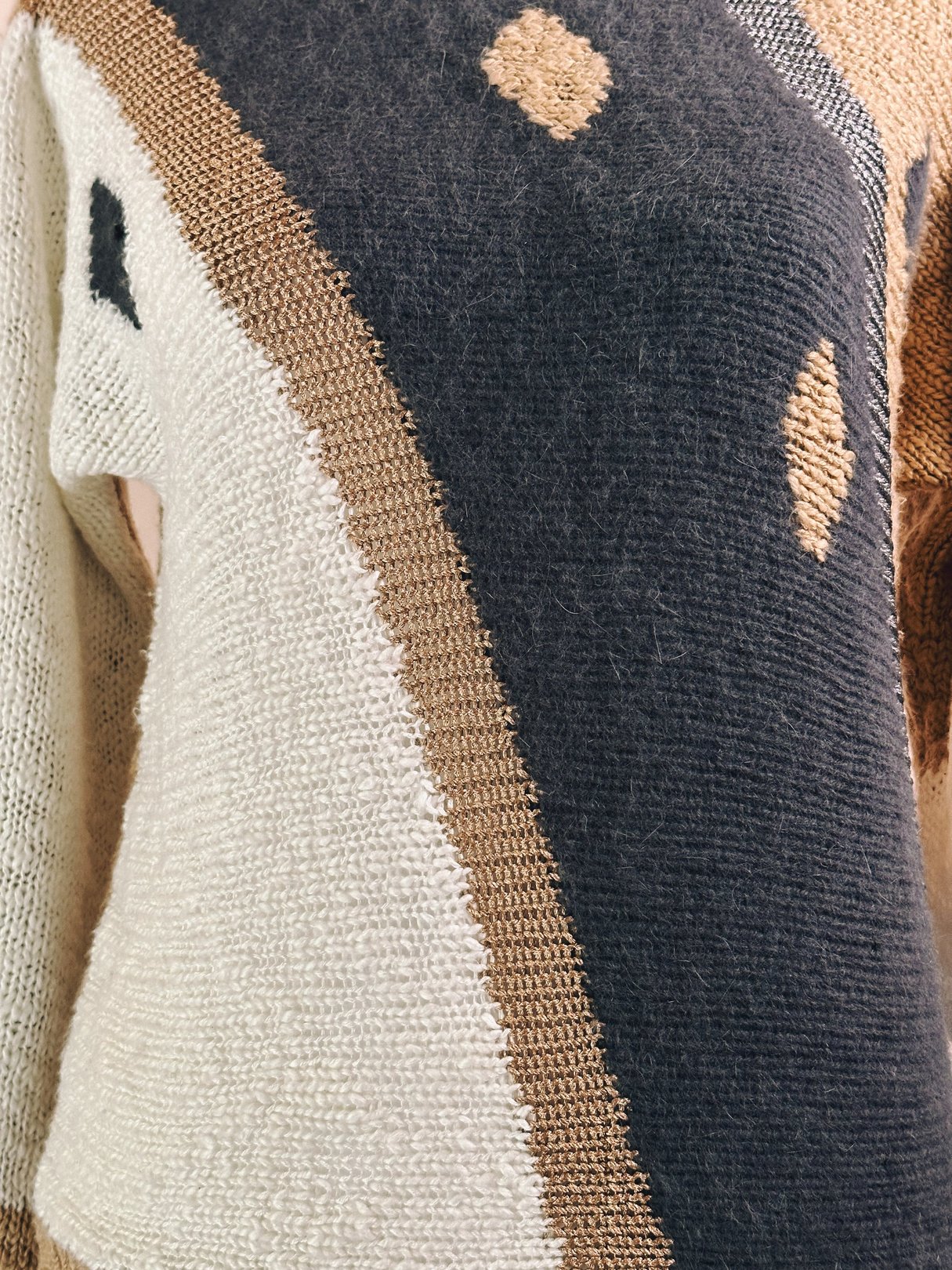 Abstract Diamond Flagstaff Sweater featuring a geometric design in blue, cream, and brown, designed for women in the 1980s.