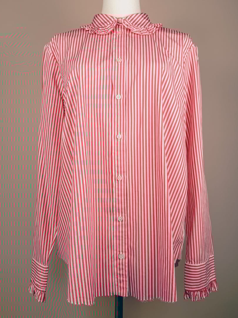 Red and white striped women's button-down top from the 1970s featuring a collar and long sleeves.