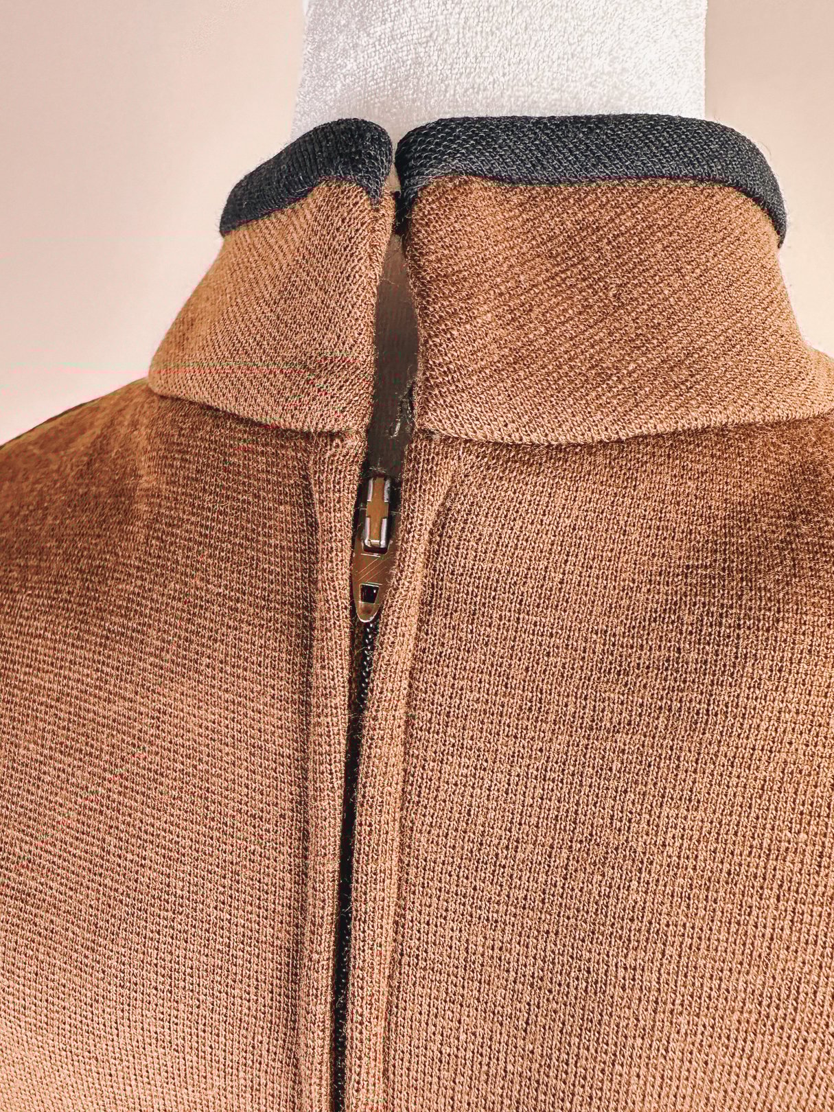Brown British Mod Squared Dress with a high collar and zip closure, showcasing 1960s fashion style for women.