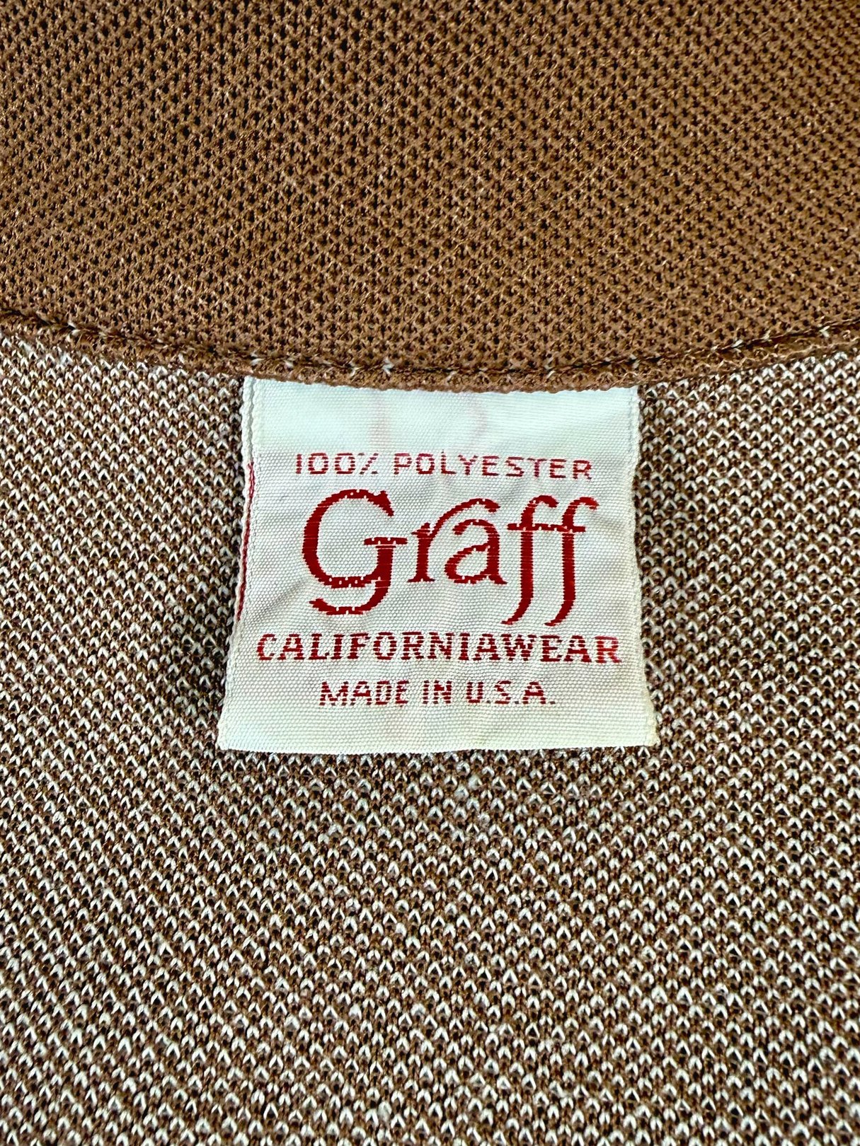 Brown 1960s women's chestnut jacket featuring a Graff California Wear label, made in the USA from 100% polyester.