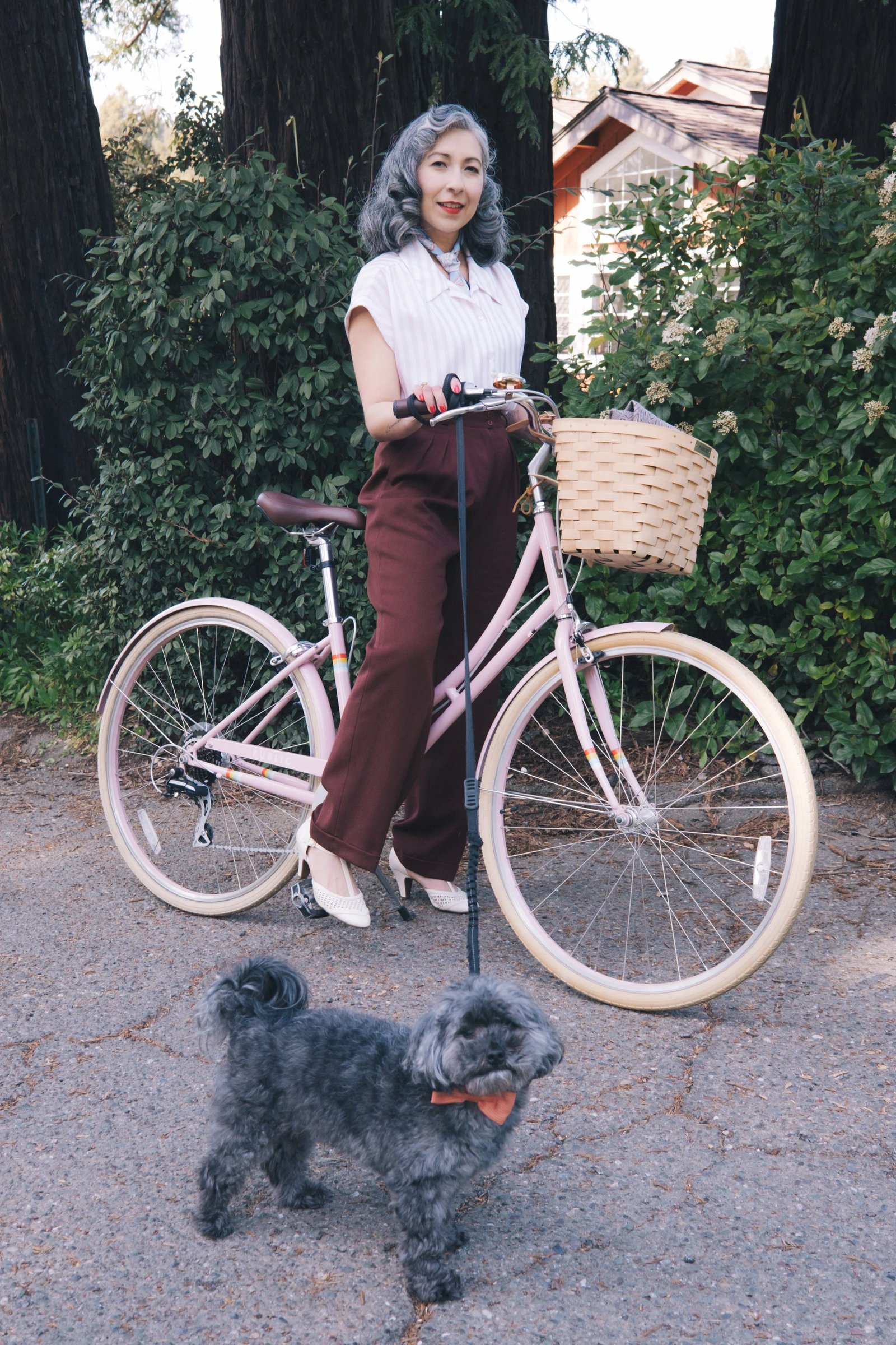 A woman with gray hair wearing a white blouse and burgundy pants stands beside a pink bicycle with a basket while holding a leash attached to a small black dog.