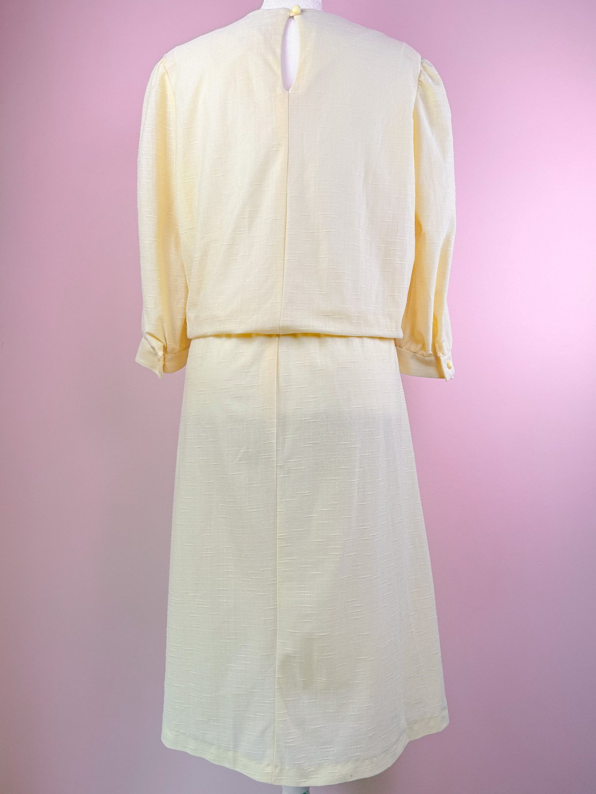 Lemon chiffon dress for women from the 1980s featuring a keyhole back and long sleeves, displayed against a pastel pink background.