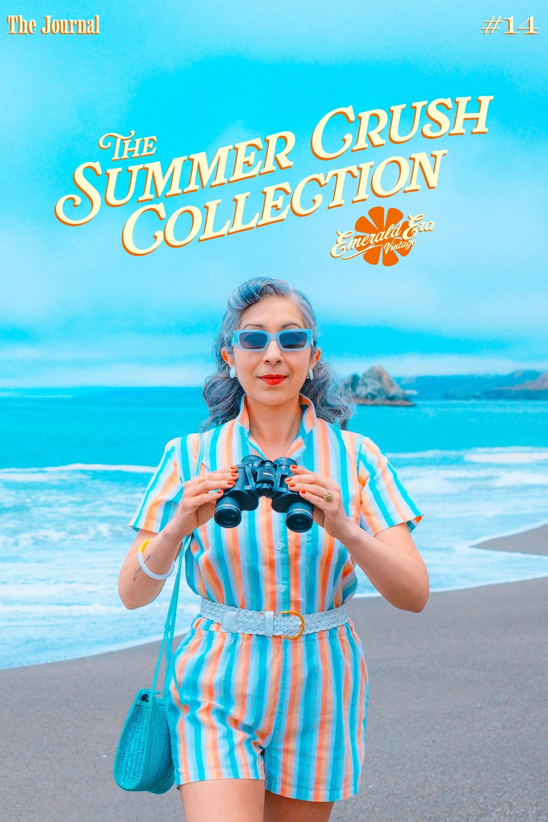 A woman with gray hair and sunglasses holds binoculars against a coastal backdrop.