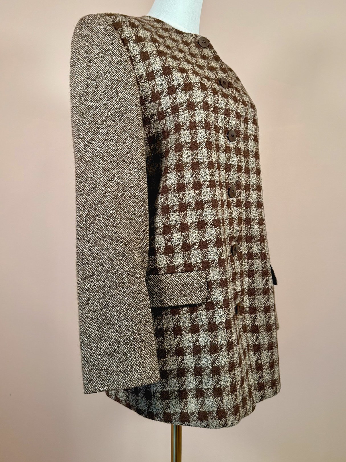 Brown tweed coat by Joan & David featuring a checkerboard pattern, button front closure, and side pockets, designed for women in the 1990s.