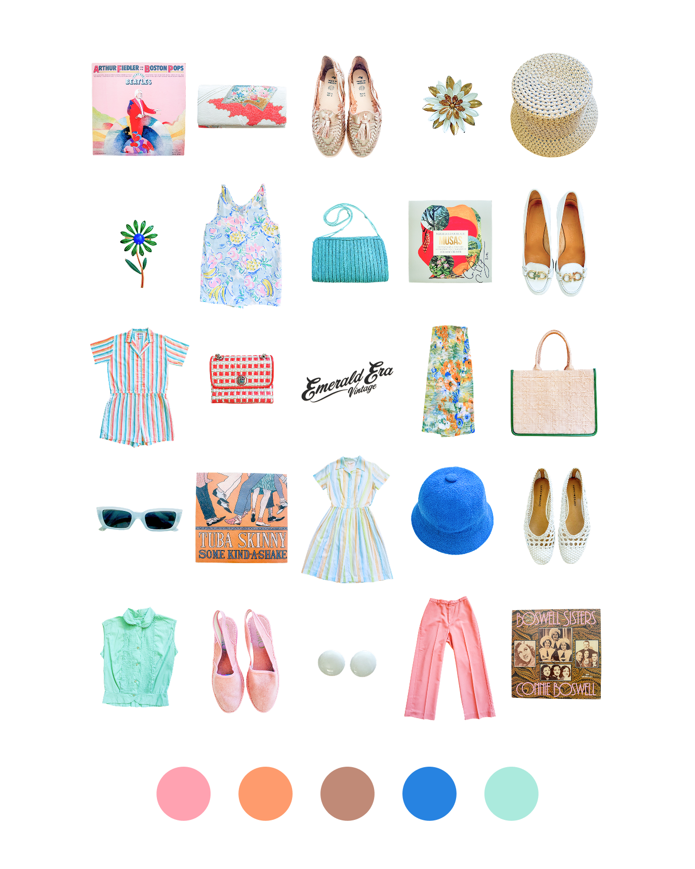 Inspired by Summer, Styled by Music image: A vibrant layout featuring a colorful assortment of summer-inspired clothing, accessories, and décor, including a mix of shirts, dresses, shoes, bags, and sunglasses arranged on a