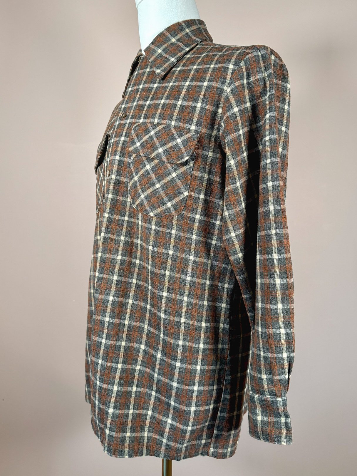 Men's Original Santa Cruzer of California plaid shirt in grey tones, featuring a button-down collar and two chest pockets, styled for a 1950s era look.