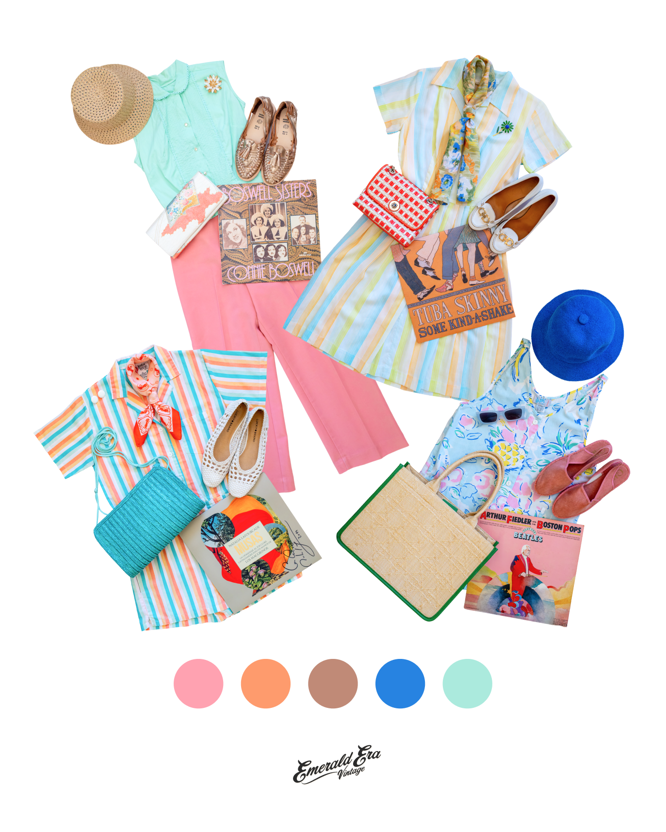Inspired by Summer, Styled by Music image: A vibrant, styled flat lay featuring a variety of summer clothing items, accessories, and music-themed magazines, arranged in a colorful aesthetic.