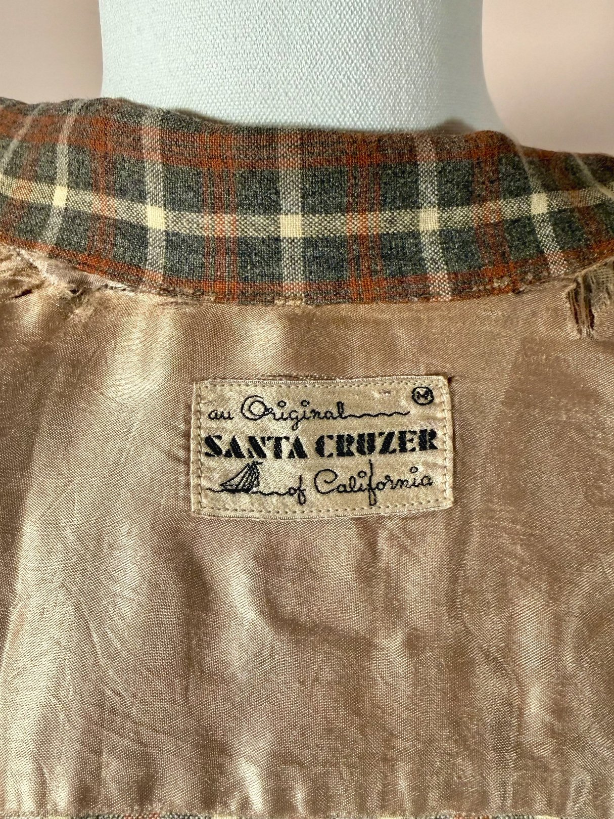 Plaid shirt for men in grey with a collar featuring a checkered pattern, labeled as "an Original Santa Cruzer of California.