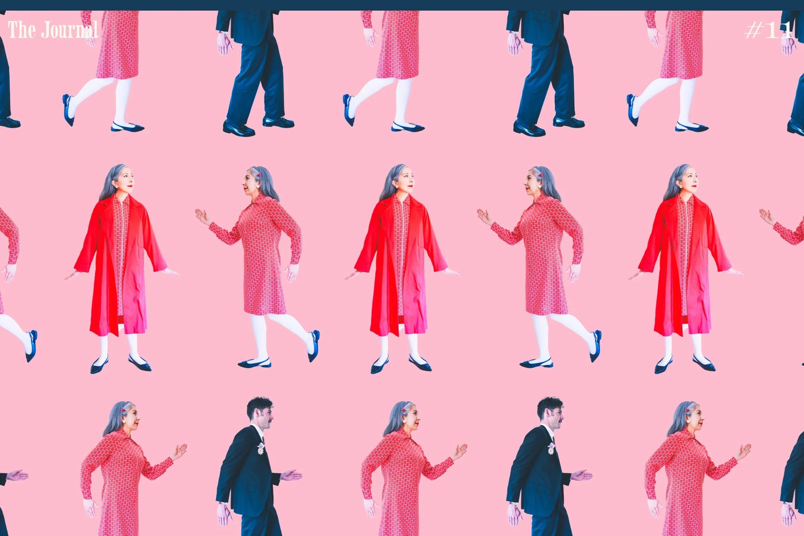 A repeated pattern featuring individuals in various poses, including a woman in a red coat and polka dot dress and a man in a suit, against a pink background.