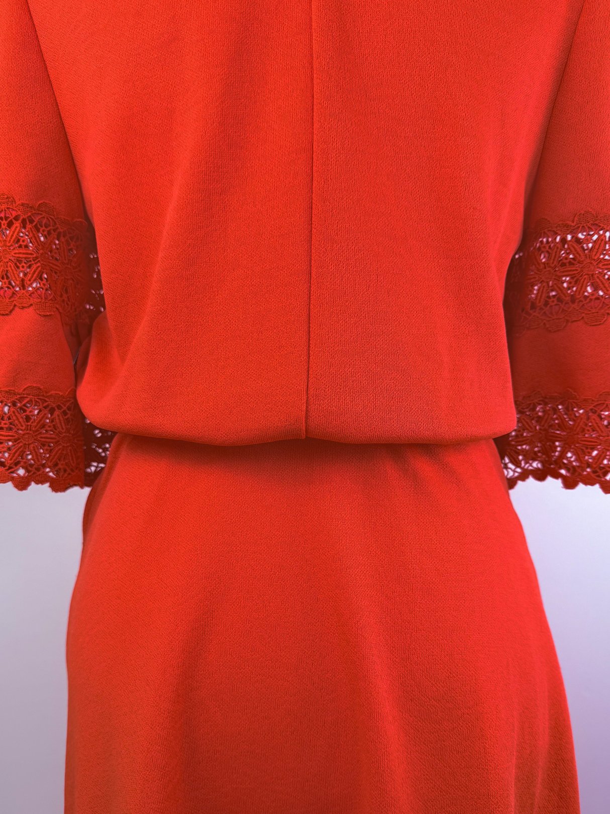 Red 1970s women's dress featuring lace detailing on the sleeves.