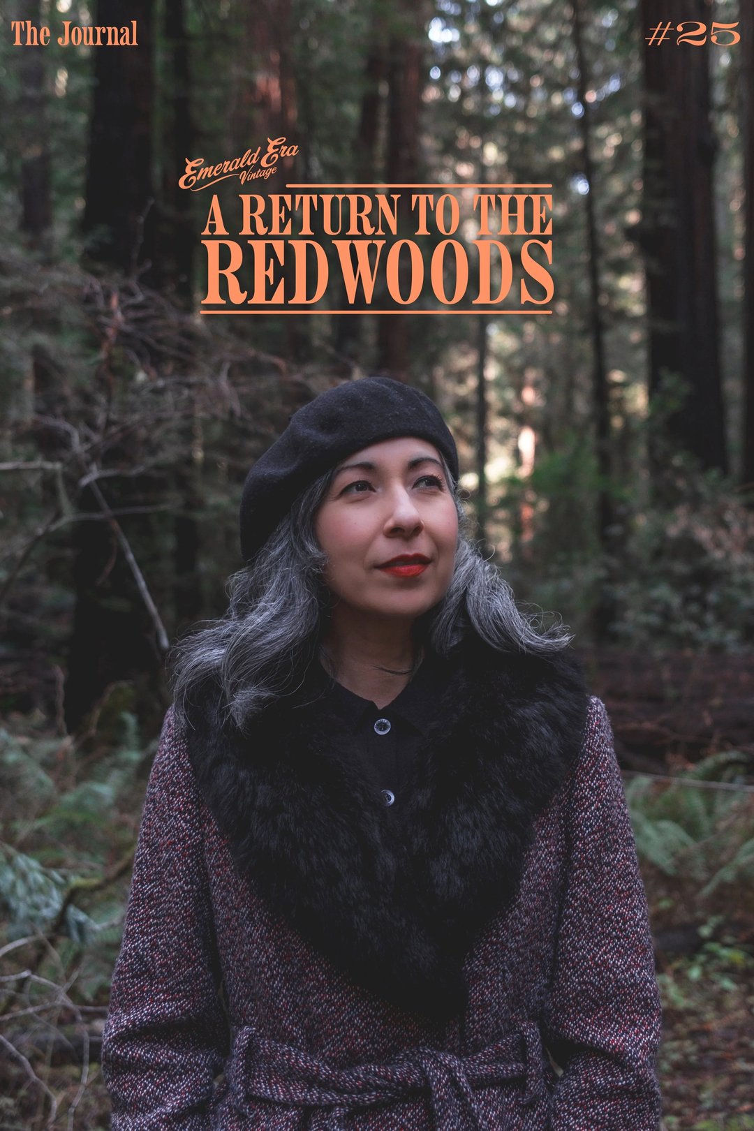 A woman in a stylish coat and beret stands in a redwood forest, featuring the text "A Return to the Redwoods" above her.