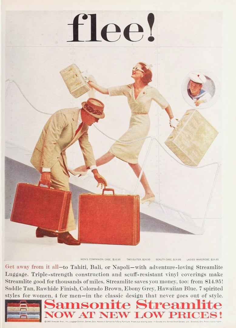 A vintage advertisement showcasing a woman and man with colorful suitcases, promoting Samsonite Streamlite luggage with a tagline encouraging travel.
