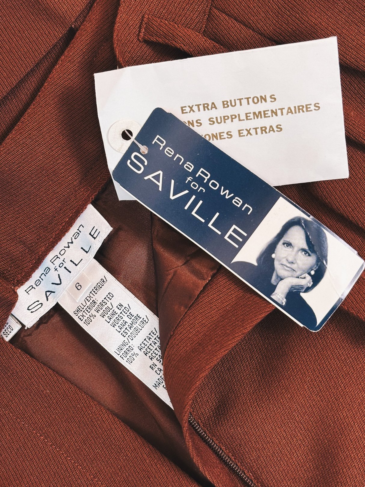 Chestnut 1990s women's Kentucky Downs pants featuring a Rena Rowan for Saville tag and extra buttons.