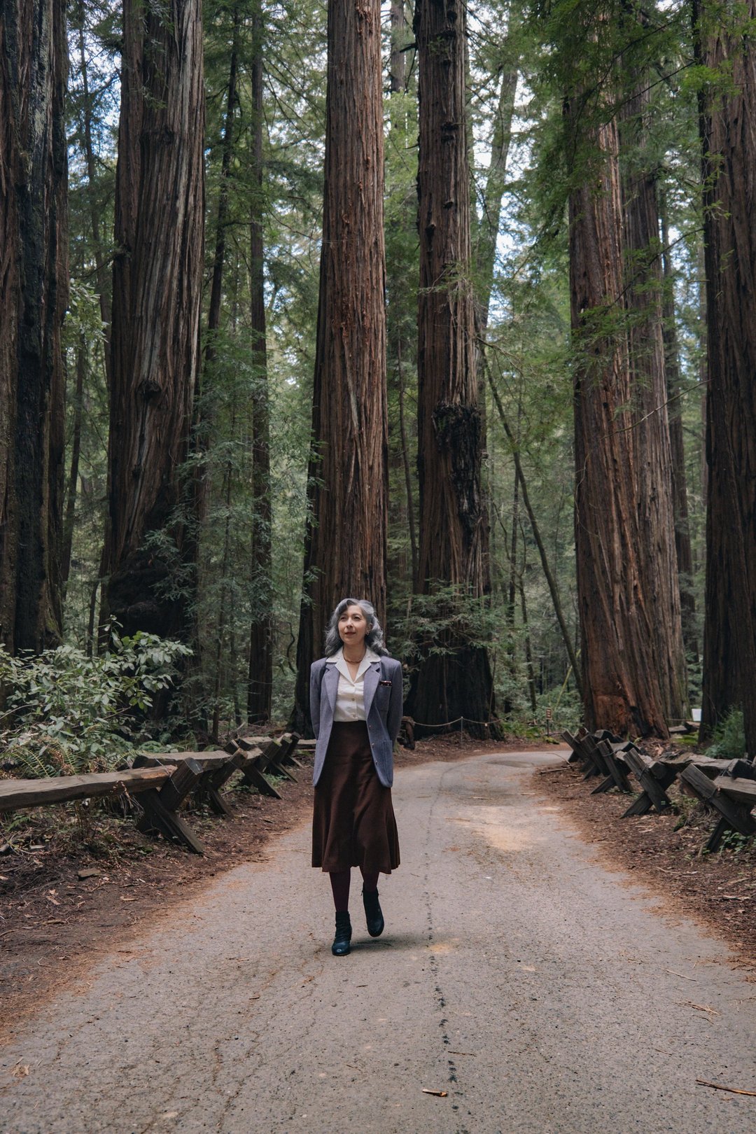 A person walks along a forest path surrounded by tall redwood trees.