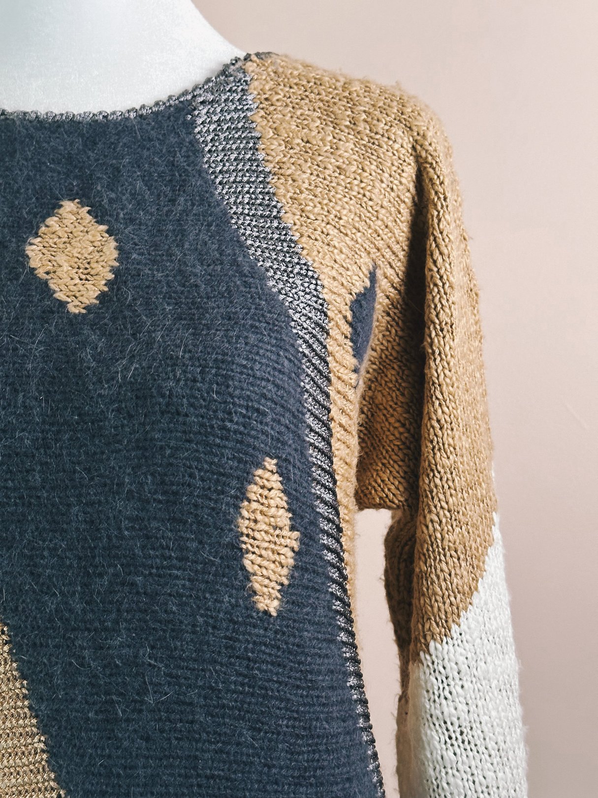 Blue and tan 1980s women's Abstract Diamond Flagstaff sweater featuring a geometric pattern.