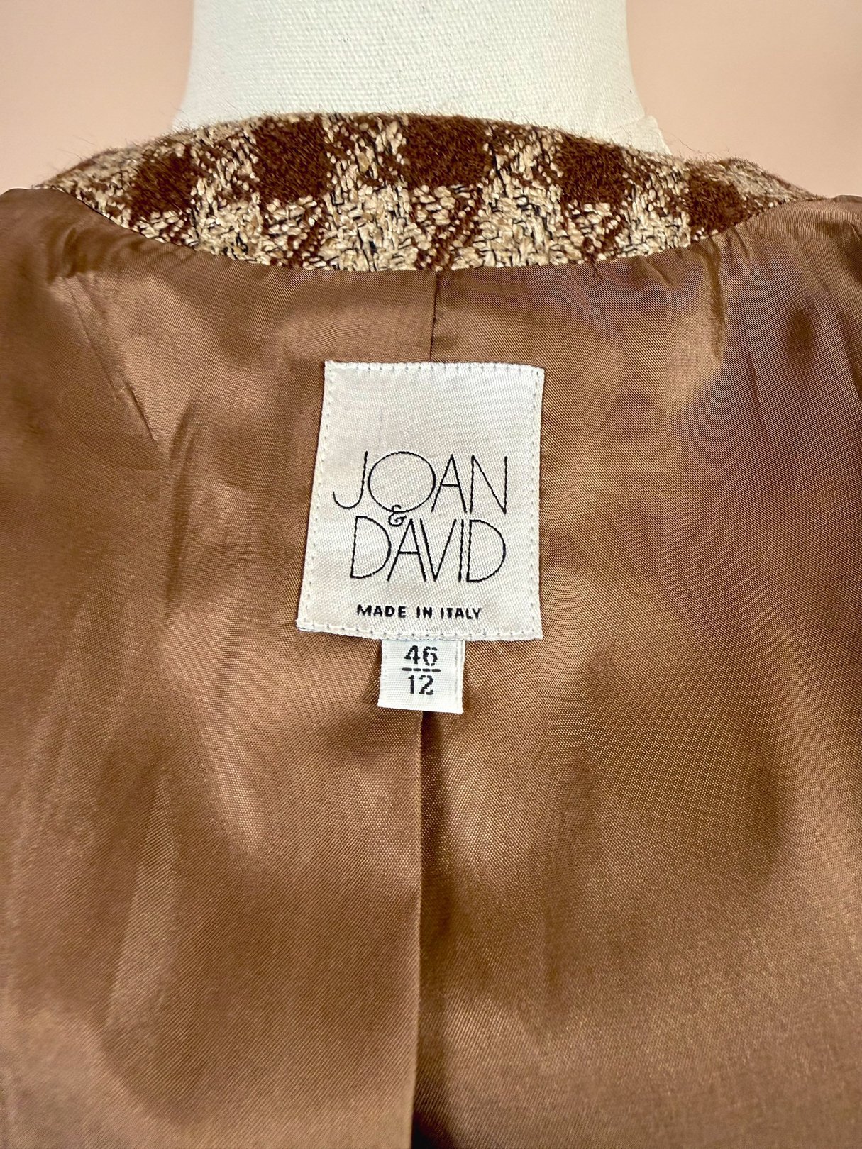 Brown tweed coat labeled Joan & David, made in Italy, size 12.
